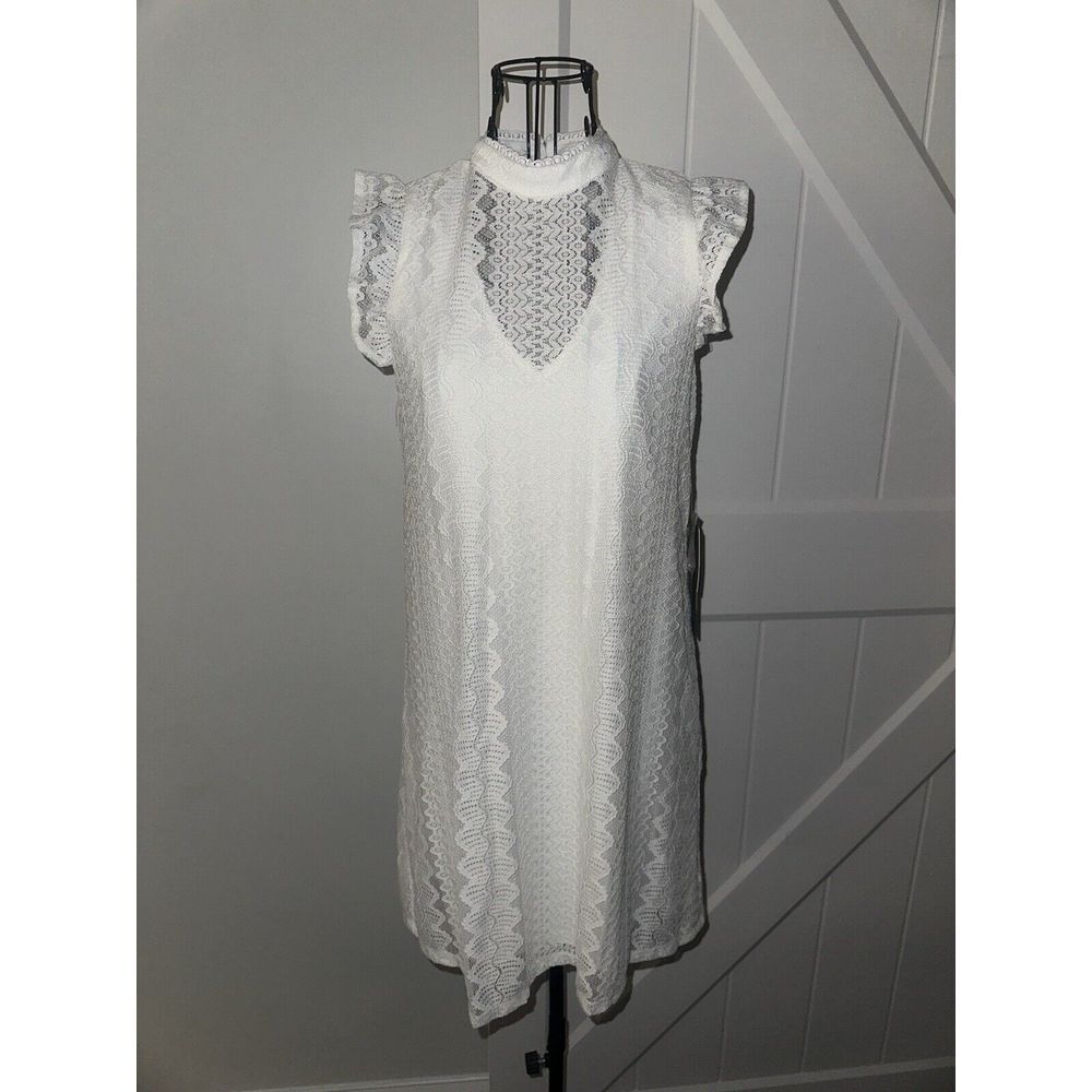 AS U WISH Crochet Mini Dress Shift White Sleeveless Keyhole Back Cottagecore XS